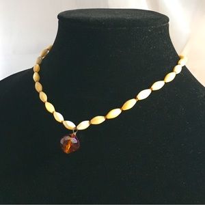 Vtg Mother of Pearl bead necklace with AB faceted amber quartz pendant 925